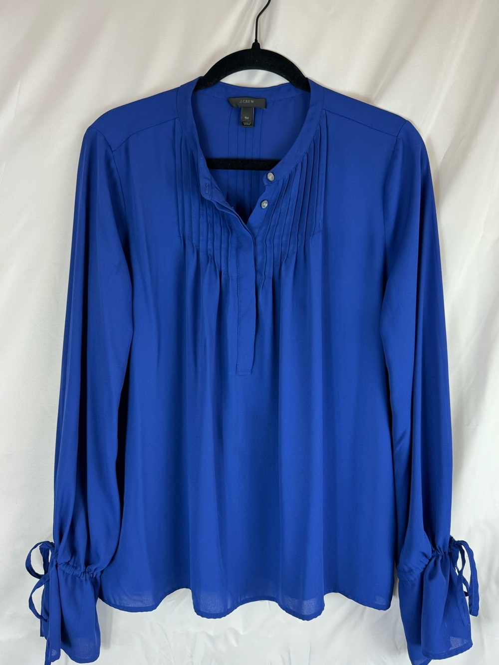 J. Crew Royal Blue Pintuck Blouse with Tie Cuffs in Size Tall Medium E50